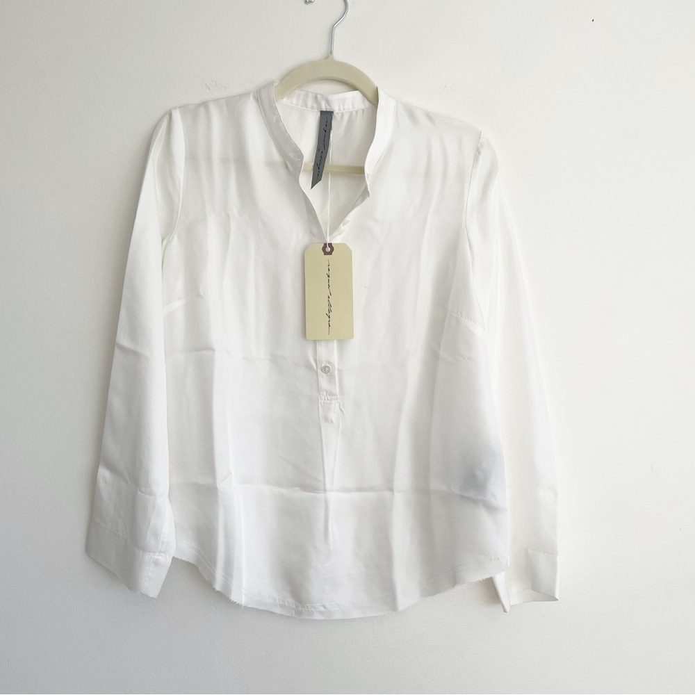NWT Raquel Allegra Perfect Henley Blouse Silk White Popover Top Satin Shirt soft